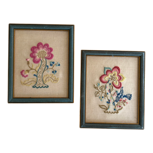 Vintage Framed Crewel Floral Embroidery Blue - A Pair