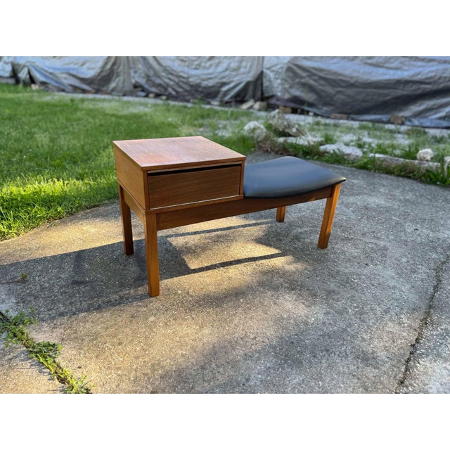 Black Vintage Teak Telephone Bench with Vinyl Seat, 1960s For Sale - Image 8 of 11