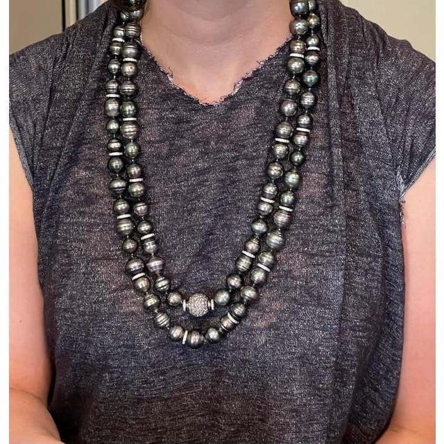 Black Baroque Pearl and Pave Diamond Long Chain Necklace. 100 14.9-12.1mm Pearls For Sale - Image 12 of 12