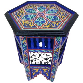 Moroccan Hexagonal Hand Painted Wooden End Table For Sale