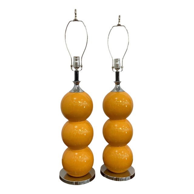 Pair Mid Century George Kovacs Style Stacked Ball Orange Lamps For Sale