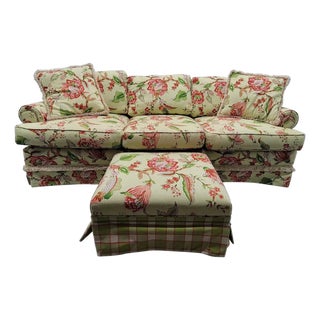 Floral Upholstered Sofa With Ottoman in Cyrus Clark Linen, 1997 For Sale
