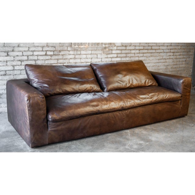 Restoration Hardware Leather Cloud Sofa, 8 feet long, circa 2016. Originally over $12k. Beautiful dark brown Italian...