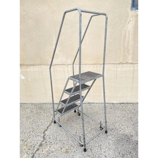 Mid-Century Modern Vintage Ballymore Warehouse Garage 4 Step Metal Rolling Safety Ladder With Rails For Sale - Image 3 of 10