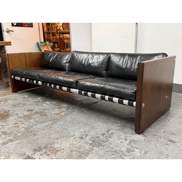 Mid-Century Modern Selig Rosewood + Black Leather Strap Sofa, Circa 1970's For Sale - Image 3 of 12