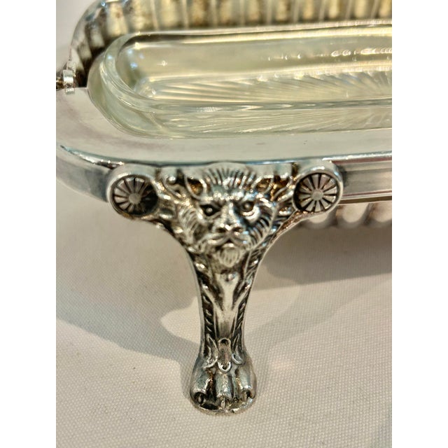 Metal Vintage F B Rogers Silver Co Roll Top Baroque Butter Dish With Lion Mask Feet and Glass Liner For Sale - Image 7 of 9