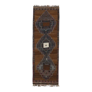 1970s Vintage Turkish Oushak Handmade Wool Cotton Brown Runner Rug For Sale