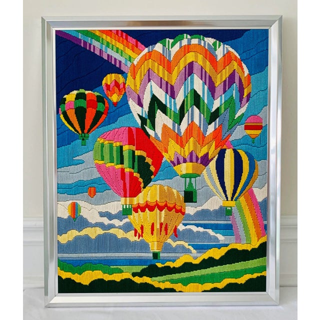 Vintage Mid Century Modern Colorful Hot Air Balloons Montgolfier Needlepoint Framed For Sale - Image 10 of 10