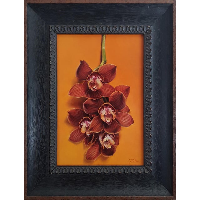 Cymbidium Orchids by Narelle Zeller | Oil on Aluminum Composite Panel, Red Orchids on Orange Background For Sale - Image 4 of 8