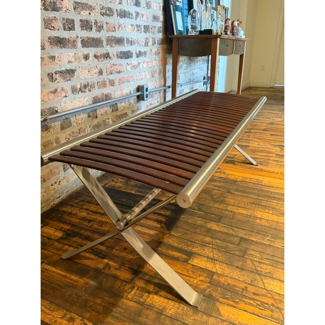 One‑of‑a‑Kind Mahogany Slatted Bench – Custom Brushed Steel Frame Modern Industrial Design For Sale - Image 10 of 12