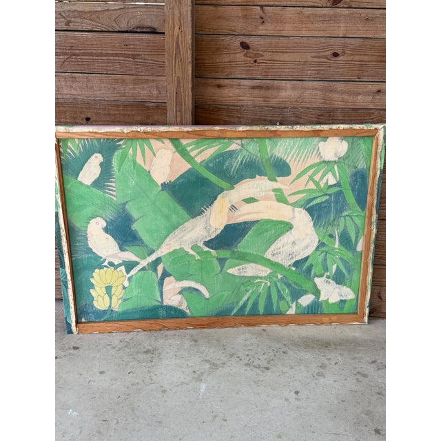 Vintage Vibrant Tropical Coastal Toucan & Parrot Painting on Cloth For Sale - Image 11 of 12