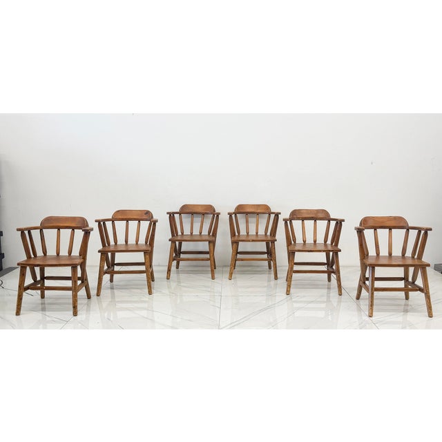 Tan 1940s Habitant, Bay City Mi, Knotty Pine Captain’s Chairs, Set of 6 For Sale - Image 8 of 14
