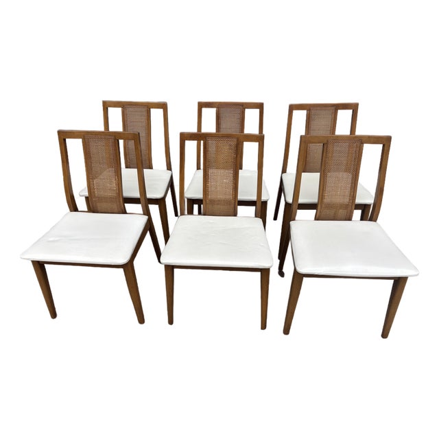 Mid 20th Century Set of 6 Hibriten Walnut and Cane Dining Chairs For Sale