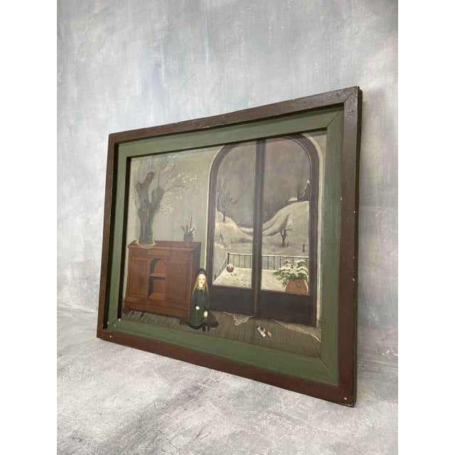 Unusual naive surrealistic oil painting. Unsigned, artist unknown. Dimensions: 96 cm wide, 80.5 cm high and 4 cm deep. In...