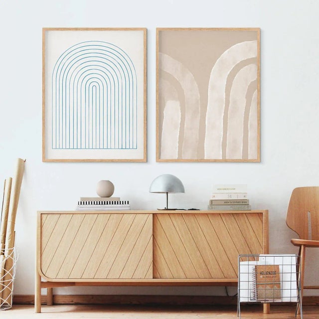 Set of 2 framed abstract open edition giclee prints. 20"x28" Elegant beige and blue geometrical abstract lines drawings....