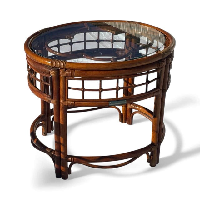 Vintage French Country Bamboo Rattan Brass Accents End Tables Side Tables W Glass Top For Sale - Image 16 of 17