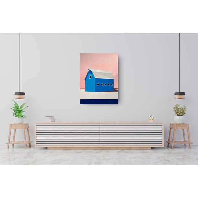 Barn, Palette #5 by Justin Wheatley | Acrylic on Canvas Blue Barn With Pink Sky For Sale In Denver - Image 6 of 10