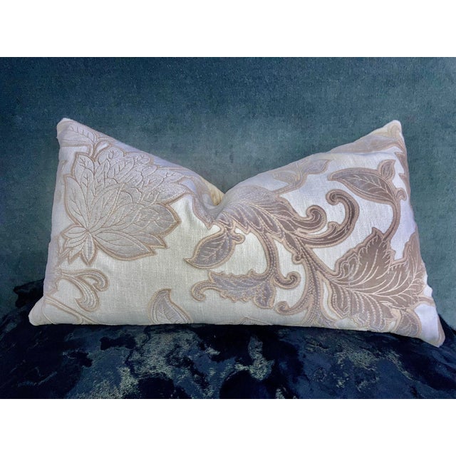 A modern classic foliage motif decorative lumbar pillow cover. Made with velvet appliqués on textured linen fabric with...