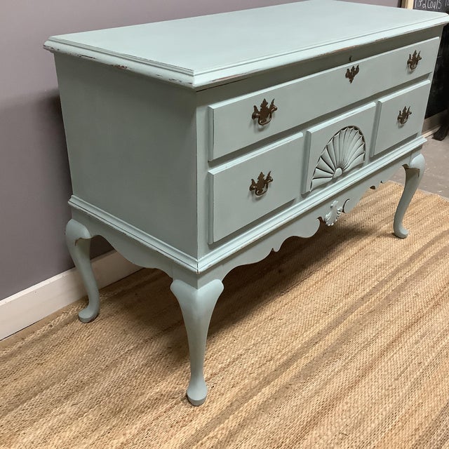 Queen Anne 1970s Queen Anne Standing Trunk Cedar Lined PTD Light Blue Chalk Paint Faux Drawers For Sale - Image 3 of 12