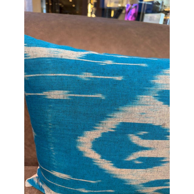 1990s 1990s Sky Blue Silk Ikat Lumbar Cushion Cover For Sale - Image 5 of 10