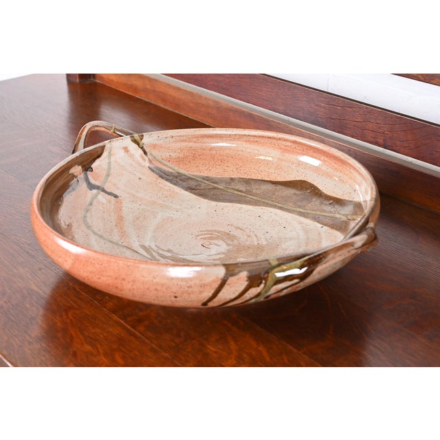 Large Painted Glazed Ceramic Studio Pottery Bowl With Handles From