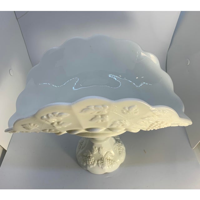 Mid century Vintage Ornate Westmoreland Milk Glass Folded Fruit Dish. heavily decorated with. Grapes and leaves on a...