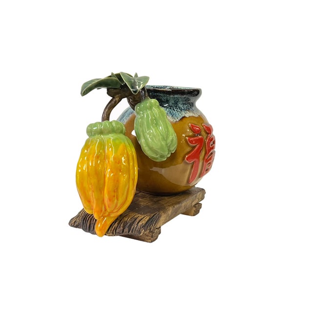 Chinese Drop Blue Tan Buddha Fingers Citrus Fruits Holder Pot Vase For Sale - Image 4 of 6