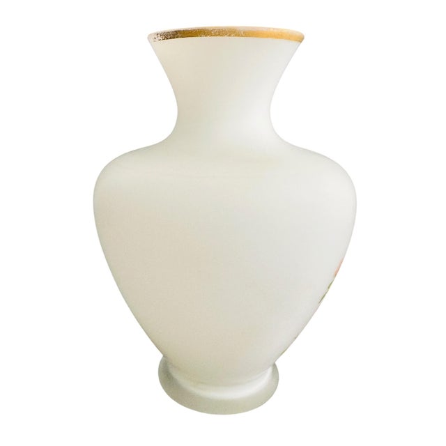 Vintage Toyo Japan 9" Opal Glass Vase - Hand-Painted Pheasant & Peony, Satin White Translucent Glass, Mid-Century Asian Decor, Gold Trim For Sale In Tampa - Image 6 of 13