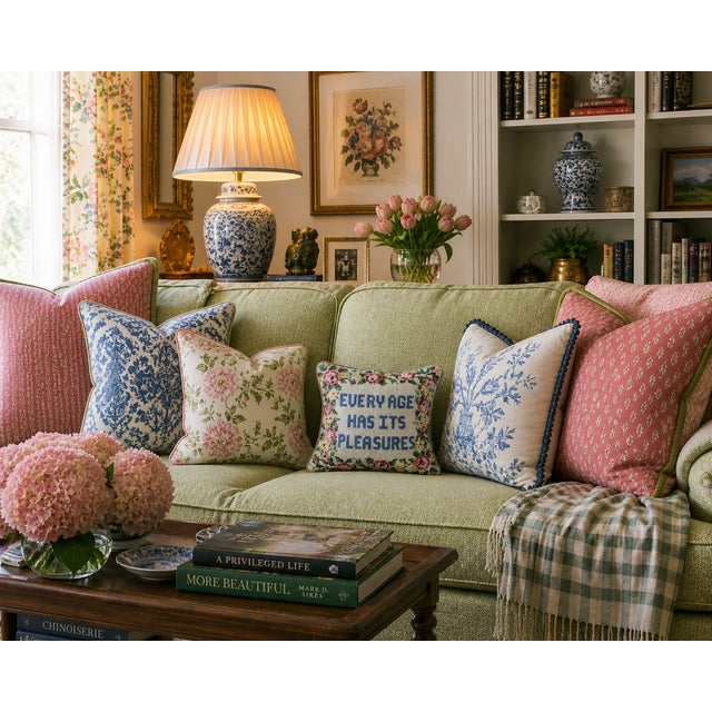 Vintage Grandmillenial Style Needlepoint Pillow that reads, "Every Age Has Its Pleasures" Has a Chintz Floral Border 9" x 9"