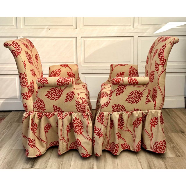 Pair of Vintage Skirted Swan Arm Chairs With Red Embroidered Textile For Sale - Image 10 of 15