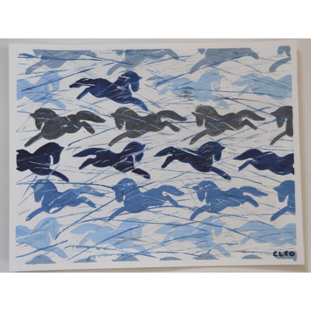 Impressionist Folk Art horses, in shades of navy blue and gray Coordinating paintings show here must be purchased...