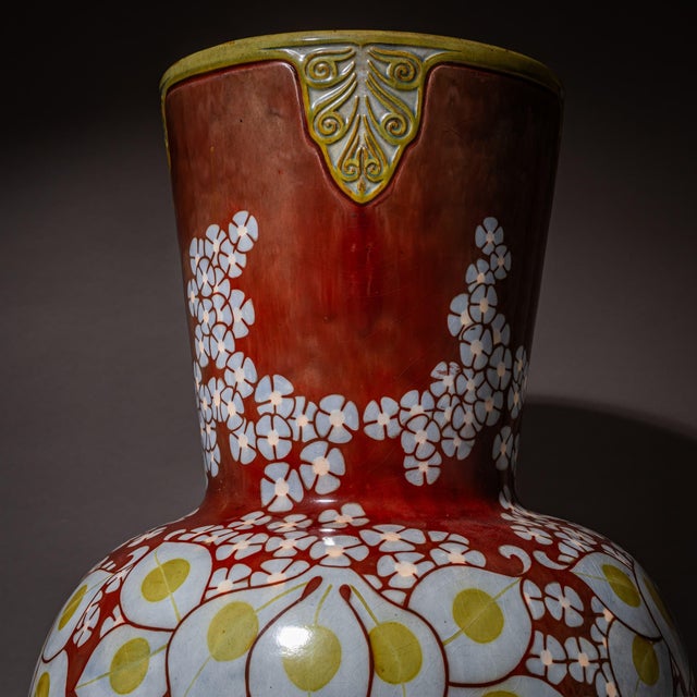 Ceramic Large Red Vase with Floral Decoration from Zsolnay Ceramics, Hungary, Early 20th Century For Sale - Image 7 of 16