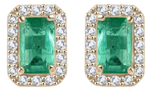 Art Deco Octagon Cut Emerald & Diamond Halo Studs Earrings- 2 Pieces