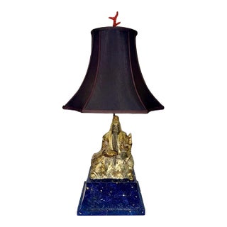 Mid-Century Parcel Gilt Faux Lapis Lazuli Asian Figural Table Lamp For Sale