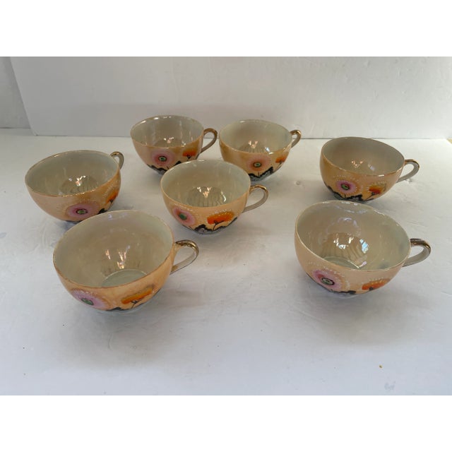 1930s 1920s Japanese Peach Lusterware Floral Tea Set – 30 Pieces For Sale - Image 5 of 9