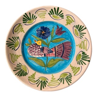 Vintage Italian Hand-Painted Majolica Ceramic Wall Plate – Bird & Tulip Motif For Sale