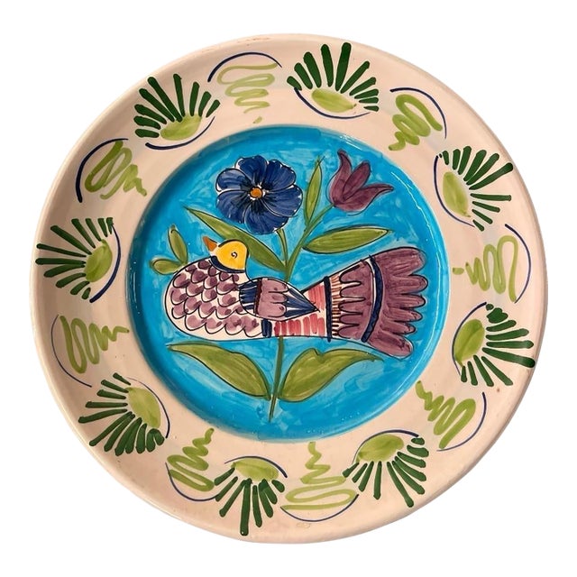 Vintage Italian Hand-Painted Majolica Ceramic Wall Plate – Bird & Tulip Motif For Sale