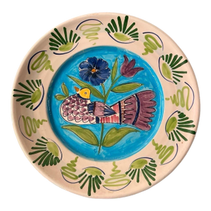 Vintage Italian Hand-Painted Majolica Ceramic Wall Plate – Bird & Tulip Motif