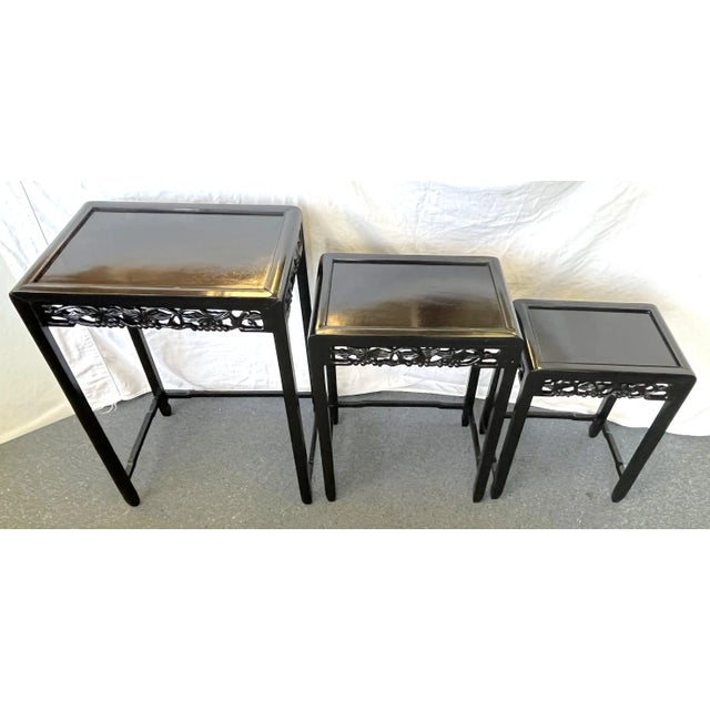 Mid Century Modern Chinese Carved Wood Nesting Tables in Ebony Finish- Set of 3 For Sale - Image 4 of 13