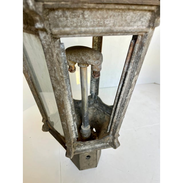 Rustic Antique Early 1900s Gas Iron Lamp Post Lanterns - A Pair For Sale - Image 3 of 12