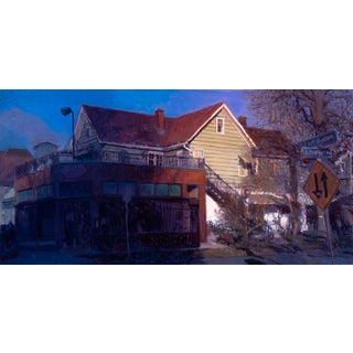 Pennsylvania Ave by Raymond Bonilla | Oil on panel Painting of a building with a green facade. For Sale
