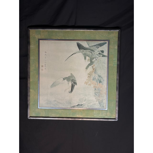 Wood Late 20th Century East Asian Ink Wash Style Bird Painting in Green Silk Mat For Sale - Image 7 of 9