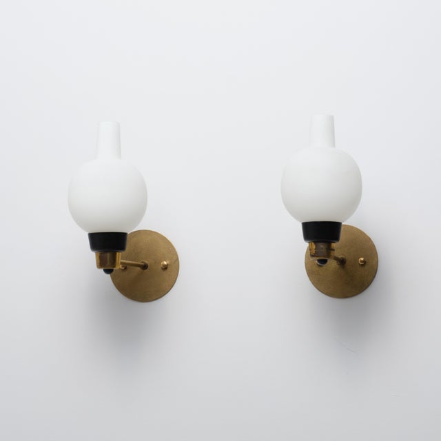 Metal Vintage Italian Sconces in Brass and Opaline Glass, 1950s, Set of 2 For Sale - Image 7 of 12
