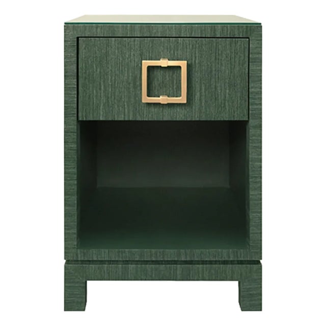 Matthew Izzo Home Blair Dark Green Dyed Grasscloth One Drawer Square Side Table With Satin Brass Hardware and Glass Top For Sale