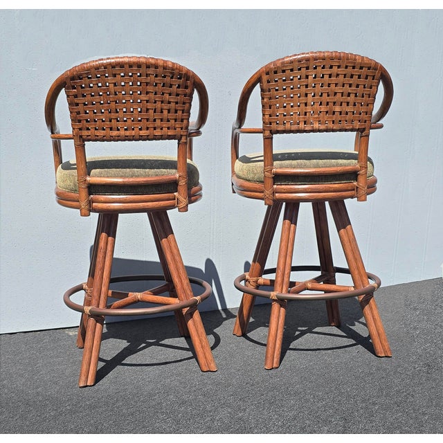 Pair of Vintage McGuire Bamboo Woven Leather Swivel Bar Stools Barstool For Sale - Image 15 of 15