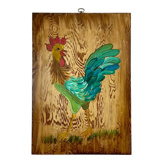1970s Mid-Century Farmhouse Chic Original Acrylic Painting, Chicken on Pine Wood. For Sale