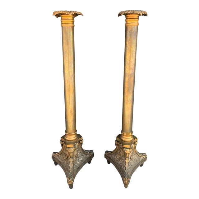 Tall Candle Holders in Bronze Signed A.K. - A Pair For Sale