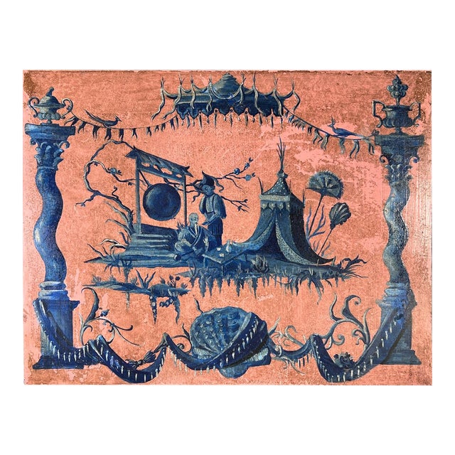 French Chinoiserie Chic Style Blue on Pink Whimsical Oil on Wood Panel Painting For Sale
