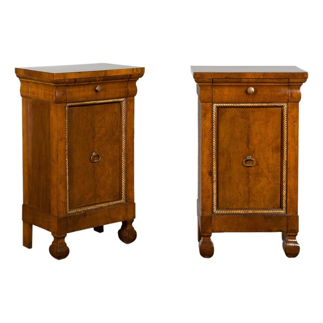 1800s Italian Walnut Bedside Cabinets with Giltwood Twisted Rope Motif, Pair For Sale