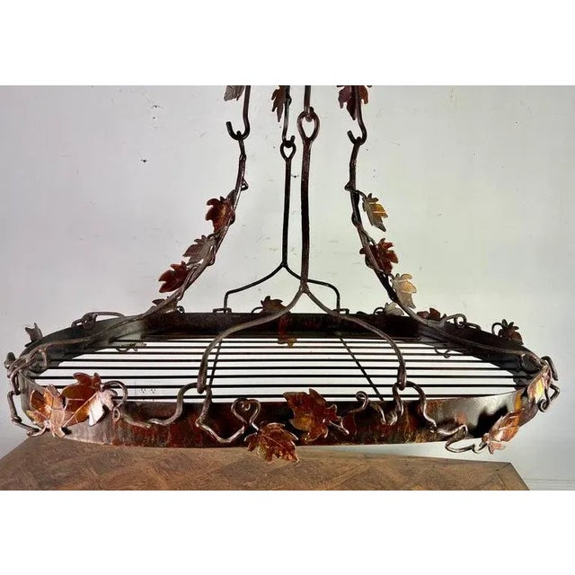 Wrought Iron Pot Rack With Grapevine Design, Distressed Finish For Sale In Los Angeles - Image 6 of 10